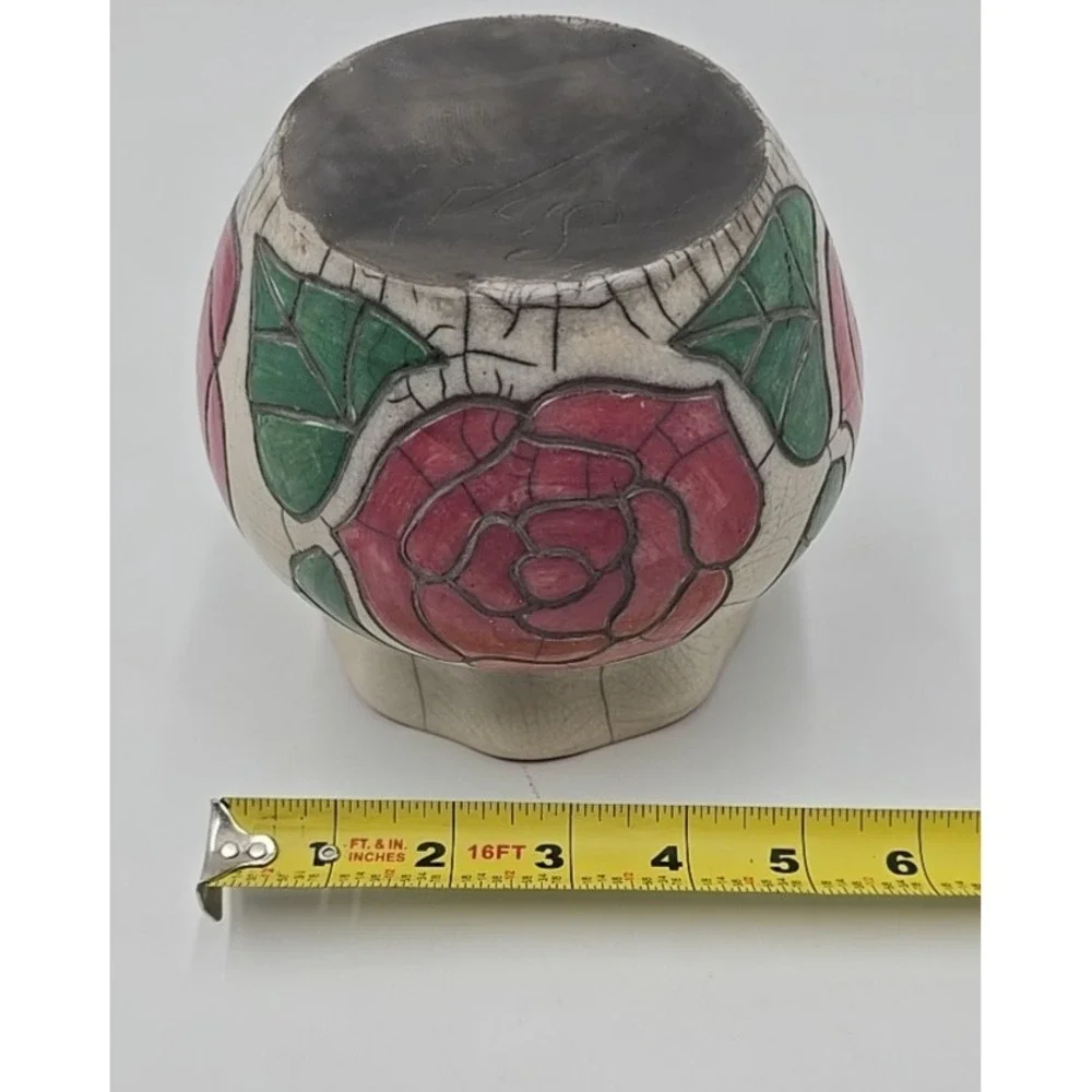 Vintage Rose Floral Ceramic Vase Crackle Glaze Pink Green